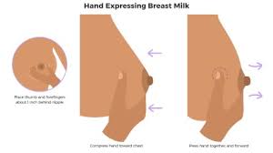 A hand gently expressing milk from the breast, demonstrating a manual technique.