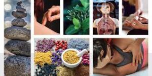 An assortment of alternative healing products, including herbal supplements, essential oils, and acupuncture tools