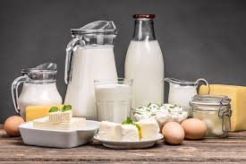 Various calcium-rich foods such as eggs, a glass of milk, and a block of cheese.