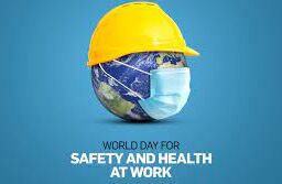 Globe with face mask and hard hat: Workplace safety and global protection