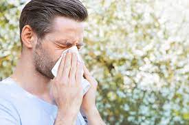 Man in garden experiencing hay fever symptoms blows nose in tissue.