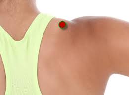 Shoulder Well Point: located on the outer edge of the shoulder muscle, halfway between the base of the neck and the tip of the shoulder for tension and headaches relief