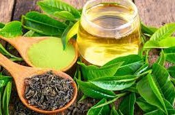 Assorted green tea products: leaves, seeds, and brewed tea