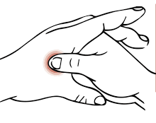 the Union Valley pressure point located between the thumb and index finger for relief and wellness for relief from headaches
