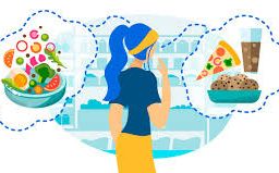 Woman weighing options between healthy and unhealthy foods: Making nutritious choices