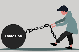 Person struggling with addiction, dragging a large ball labeled 'addiction' chained to their foot