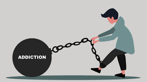 Person struggling with addiction, dragging a large ball labeled 'addiction' chained to their foot