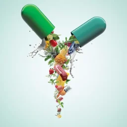Split capsule pouring out - highlighting the contents of the supplement for enhanced health. Assorted fruits - representing natural sources of nutrients found in supplements.