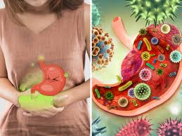 Person experiencing abdominal pain beside an image depicting stomach infested with harmful microorganisms