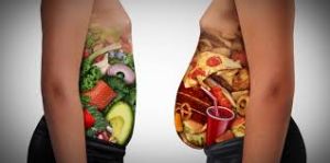 Comparison of two individuals: One with a flatter stomach, embracing healthy eating habits, and the other with a larger abdomen, representing the impact of unhealthy calories choices on body shape