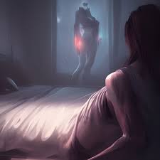 Scared person awakens, witnessing an eerie image in the mirror