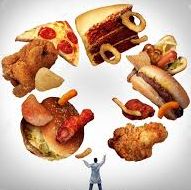 Person juggling empty calories foods: sugary snacks, processed treats, and unhealthy choices.