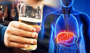 Man holding up a glass of beer | Inflamed liver depicted in an image