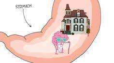 Elderly character in stomach, representing chewing gum digestion