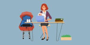 Postpartum woman at work, multitasking and breastfeeding her baby 