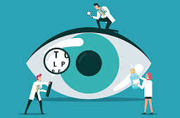 Healthcare professionals closely performing an eye examination with magnifying glass