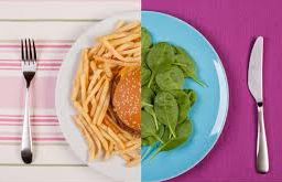 Plate divided in half, featuring unhealthy foods on the left and healthy foods on the right, symbolizing the transformative journey towards balanced and sustainable eating habits.