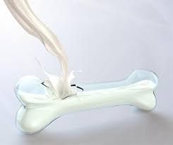 Nutrition for bones! Image of milk pouring into a bone structure, emphasizing the importance of calcium and dairy diets in maintaining bone health.