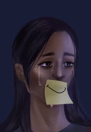 woman forcing a smile while clearly distressed and teary-eyed