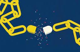 Image of a capsule attached to broken chains with powder spilling out, illustrating the liberation from opioid addiction.
