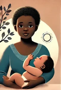 An-educational-illustration-featuring-black-mothers-with-babies-showing-different-hunger-cues-for-breastfeeding.