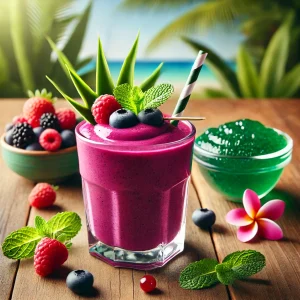 A vibrant sea moss smoothie in a glass, garnished with fresh berries and a mint leaf. The smoothie has a creamy texture and a rich purple-pink color. It sits on a wooden table with a tropical background, alongside a small bowl of sea moss gel, highlighting the main ingredient.