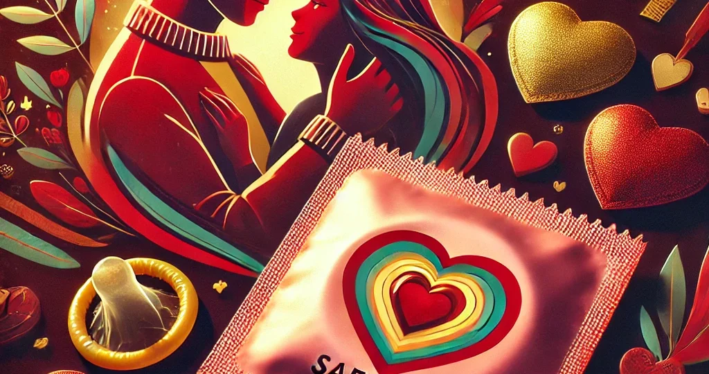 A Valentine's Day-themed illustration promoting safe sex. The image features a loving couple sharing a romantic moment, surrounded by heart decorations. A stylish condom package with a heart symbol is prominently placed in the foreground, emphasizing love, protection, and responsible intimacy.