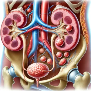 A detailed medical illustration of kidney stones inside the human kidney and urinary tract. The image shows a cross-section of the kidney with small, hard stone formations, along with the ureter and bladder. The illustration is clear and visually informative, designed for educational purposes.