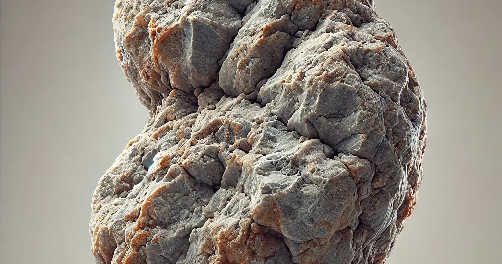 A highly detailed close-up of a kidney stone, showcasing its rough, crystalline, and irregular surface. The stone has a textured, uneven shape with natural coloration ranging from light brown to dark gray, set against a neutral background to emphasize its intricate details.