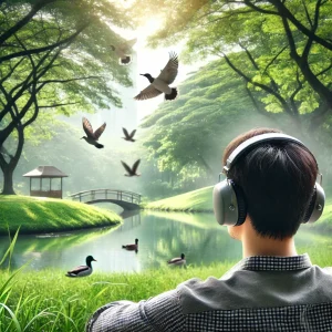 A person wearing noise-canceling headphones sits peacefully in a quiet park, surrounded by lush green trees and a small pond. Birds fly in the distance, creating a serene and tranquil atmosphere that highlights the importance of hearing protection in a noisy world.