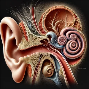 A detailed anatomical illustration of the human ear, depicting the outer ear, middle ear, and inner ear, including the ear canal, eardrum, cochlea, and auditory nerves with realistic textures and shading.