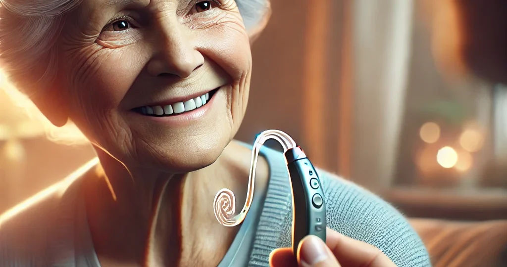 An elderly person with a warm smile wearing a modern hearing aid, sitting in a cozy home environment, engaging in a joyful conversation with a family member.