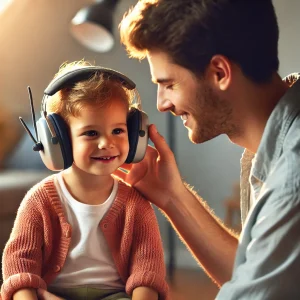 A young child wearing small headphones receives a hearing test from a specialist in a modern clinic with soft lighting and a caring atmosphere.