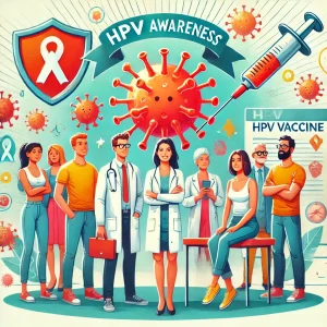 A digital illustration promoting HPV awareness. A diverse group of people, including young adults and healthcare professionals, stand together against a backdrop featuring a stylized virus illustration and a protective shield. A doctor holds a syringe representing the HPV vaccine, while a woman undergoes a routine screening. The scene is bright and encouraging, emphasizing health, prevention, and awareness.
