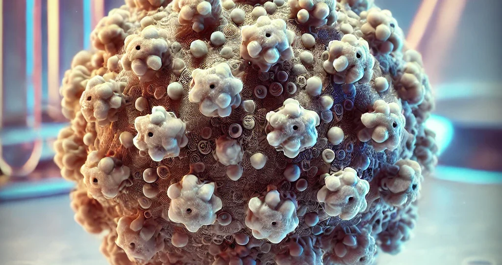 A medical illustration showing common symptoms of an HPV infection. The image depicts a close-up of human skin with visible warts on the hands and genital area. In the background, a semi-transparent overlay of the human reproductive system highlights internal effects such as cervical cell abnormalities. The scene has a clinical, soft blue medical theme.