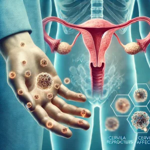 A medical illustration showing common symptoms of an HPV infection. The image depicts a close-up of human skin with visible warts on the hands and genital area. In the background, a semi-transparent overlay of the human reproductive system highlights internal effects such as cervical cell abnormalities. The scene has a clinical, soft blue medical theme.