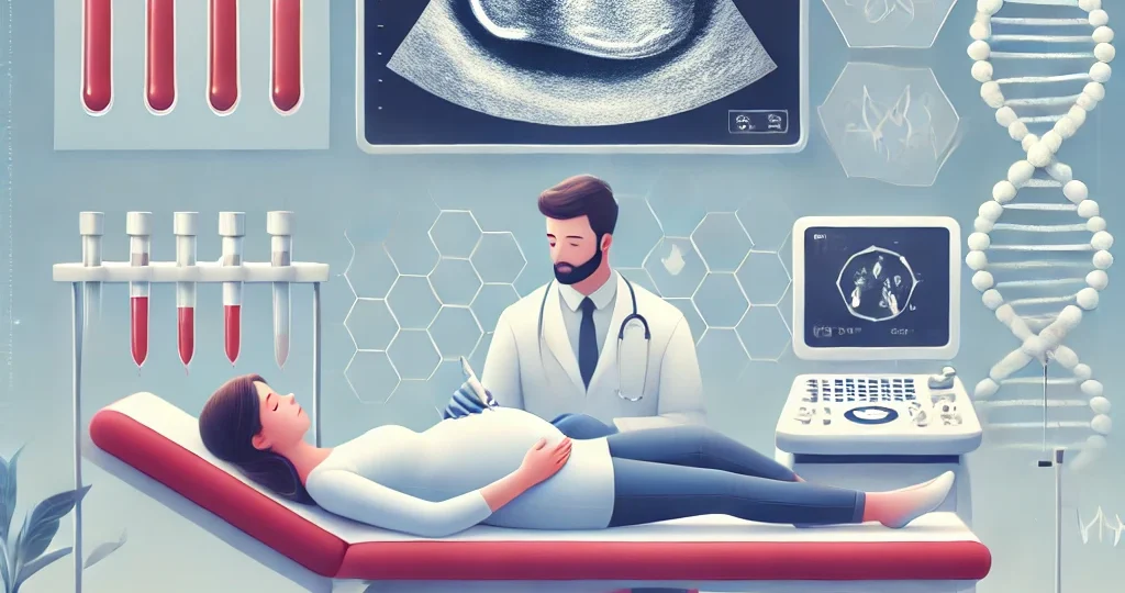 A medical illustration of prenatal screening. A pregnant woman lies on an examination table while a healthcare professional performs an ultrasound. A monitor displays a detailed fetal image. In the background, blood sample collection and genetic testing charts emphasize comprehensive prenatal care in a clinical setting.