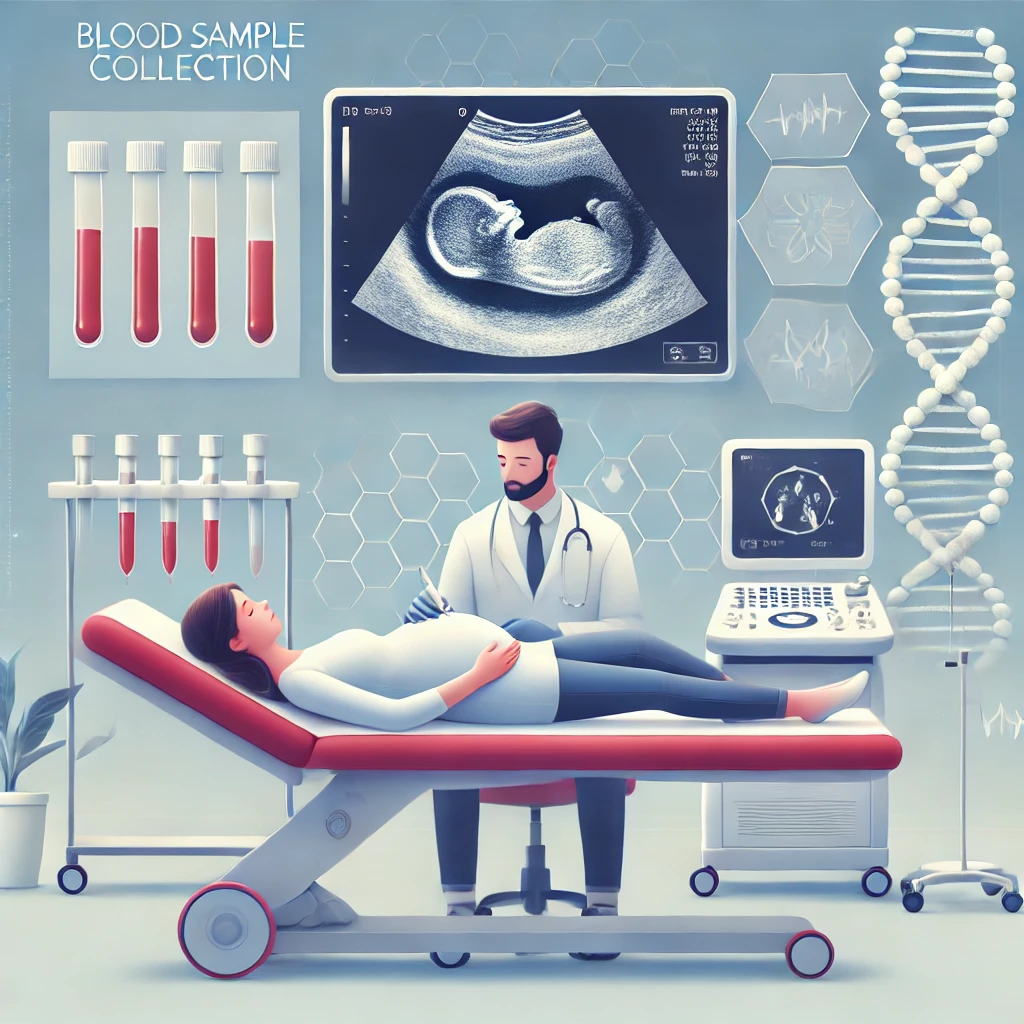 A medical illustration of prenatal screening. A pregnant woman lies on an examination table while a healthcare professional performs an ultrasound. A monitor displays a detailed fetal image. In the background, blood sample collection and genetic testing charts emphasize comprehensive prenatal care in a clinical setting.