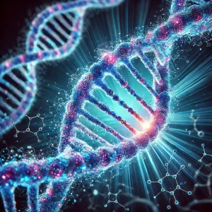 A 3D-rendered illustration of a DNA double helix, glowing in vibrant blue and purple hues. The twisting strand is set against a futuristic, scientific background with illuminated molecular connections, symbolizing advanced genetics and molecular biology.