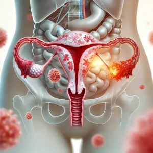 A medical illustration of endometriosis showing the female reproductive system with areas of abnormal tissue growth outside the uterus. Inflammation is highlighted in red and orange tones, emphasizing the impact of the condition. The background has a soft, clinical aesthetic to promote medical awareness and women's health.