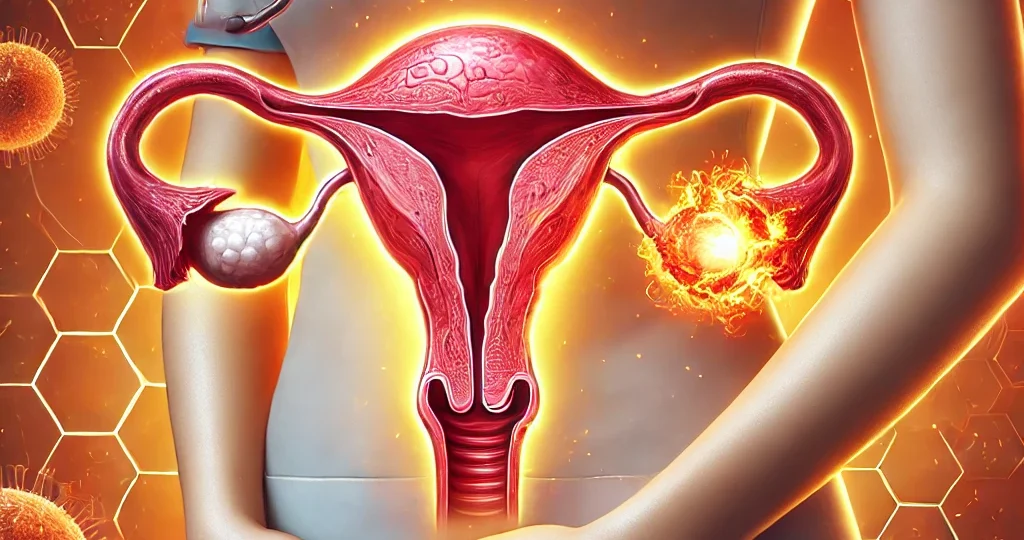 A medical illustration highlighting Endometriosis Awareness. The image features a glowing female reproductive system with inflamed areas in red and orange tones, symbolizing pain and inflammation. A woman holds her lower abdomen with a concerned expression, representing the struggles faced by those with the condition. The background has a warm, supportive atmosphere, emphasizing healthcare and awareness.