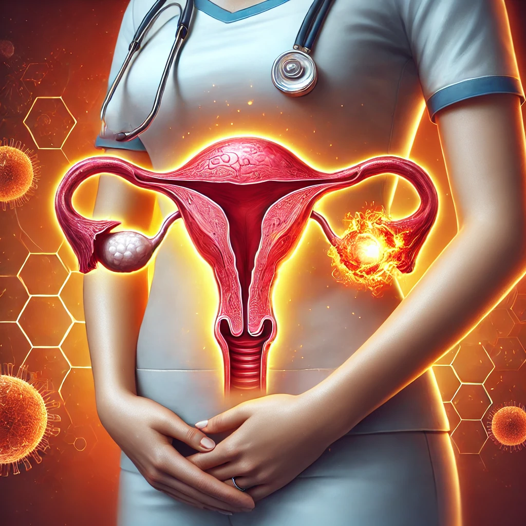 A medical illustration highlighting Endometriosis Awareness. The image features a glowing female reproductive system with inflamed areas in red and orange tones, symbolizing pain and inflammation. A woman holds her lower abdomen with a concerned expression, representing the struggles faced by those with the condition. The background has a warm, supportive atmosphere, emphasizing healthcare and awareness.