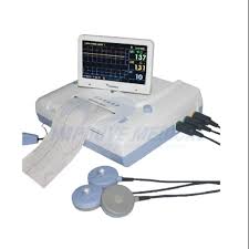 A non-stress test (NST) machine used for fetal monitoring. The image shows a medical device with a digital screen displaying fetal heart rate and uterine contractions.